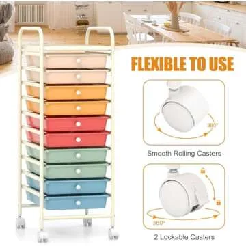 LDAILY 10 Drawer Rolling Storage Cart, Craft Organizer on Wheels, Drawer Cart with Metal Frame & Large Storage Capacity, Rolling Cart with Drawers for Living Room Classroom, Office (Macaron)