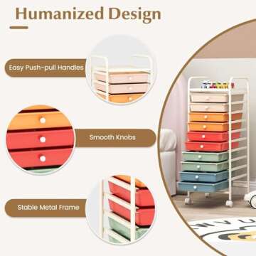 LDAILY 10 Drawer Rolling Storage Cart, Craft Organizer on Wheels, Drawer Cart with Metal Frame & Large Storage Capacity, Rolling Cart with Drawers for Living Room Classroom, Office (Macaron)