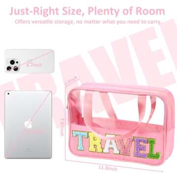 BuyCard Chenille Letter Patch Clear Travel Bags, Preppy PVC&Nylon Makeup Bag with Handle and Zipper,...