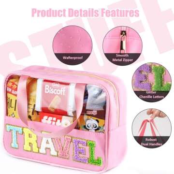 BuyCard Chenille Letter Patch Clear Travel Bags, Preppy PVC&Nylon Makeup Bag with Handle and Zipper, Waterproof Large Clear Travel Toiletry Bag Storage Bag for Women Girls(Pink)
