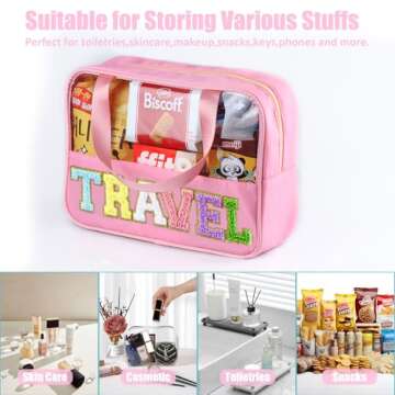 BuyCard Chenille Letter Patch Clear Travel Bags, Preppy PVC&Nylon Makeup Bag with Handle and Zipper, Waterproof Large Clear Travel Toiletry Bag Storage Bag for Women Girls(Pink)