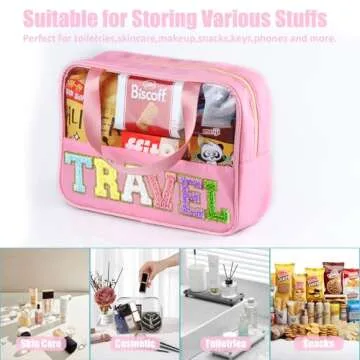 BuyCard Chenille Letter Patch Clear Travel Bags, Preppy PVC&Nylon Makeup Bag with Handle and Zipper, Waterproof Large Clear Travel Toiletry Bag Storage Bag for Women Girls(Pink)