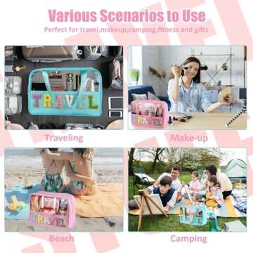 BuyCard Chenille Letter Patch Clear Travel Bags, Preppy PVC&Nylon Makeup Bag with Handle and Zipper, Waterproof Large Clear Travel Toiletry Bag Storage Bag for Women Girls(Pink)