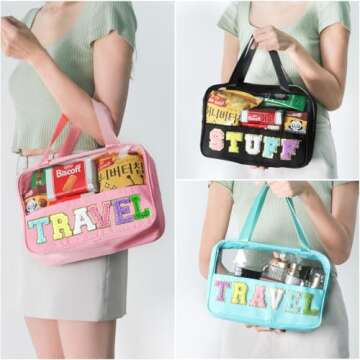 BuyCard Chenille Letter Patch Clear Travel Bags, Preppy PVC&Nylon Makeup Bag with Handle and Zipper, Waterproof Large Clear Travel Toiletry Bag Storage Bag for Women Girls(Pink)