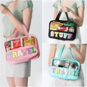 BuyCard Chenille Letter Patch Clear Travel Bags, Preppy PVC&Nylon Makeup Bag with Handle and Zipper, Waterproof Large Clear Travel Toiletry Bag Storage Bag for Women Girls(Pink)