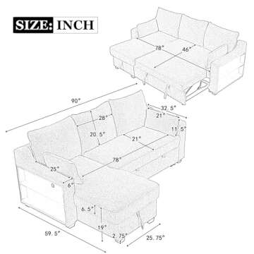 LUMISOL 90" Convertible Sleeper Sofa Bed, Fabric L-Shaped Sectional Sofa with USB Ports & Built-in B...