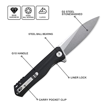 Petrified fish G10 handle D2 steel blade 2CR13 liner ball bearing flipper folding knife camping hunting EDC pocket tool PF818 (Black, Stonewash)