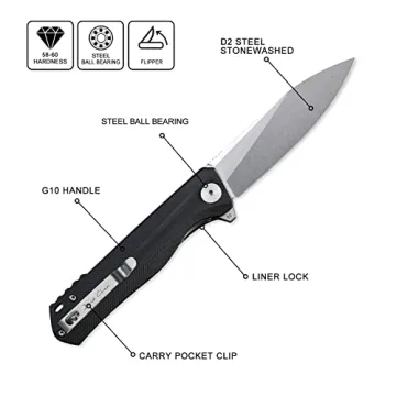 Petrified fish G10 handle D2 steel blade 2CR13 liner ball bearing flipper folding knife camping hunting EDC pocket tool PF818 (Black, Stonewash)