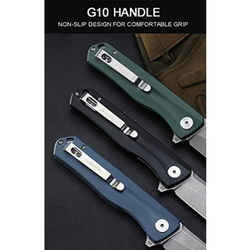 Petrified fish G10 handle D2 steel blade 2CR13 liner ball bearing flipper folding knife camping hunting EDC pocket tool PF818 (Black, Stonewash)