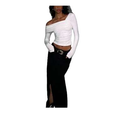 KMBANGI Women Off Shoulder Top Y2K Asymmetrical Neck Long Sleeve Shirt Tee Basic Cute Slim Fitted Crop Top Blouse(A-White One Shoulder Shirt,XS)