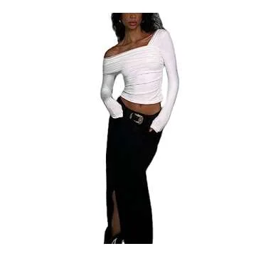 KMBANGI Women Off Shoulder Top Y2K Asymmetrical Neck Long Sleeve Shirt Tee Basic Cute Slim Fitted Crop Top Blouse(A-White One Shoulder Shirt,XS)