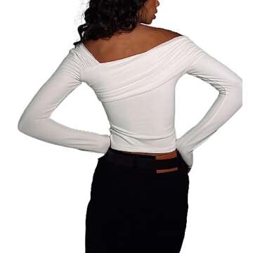 KMBANGI Women Off Shoulder Top Y2K Asymmetrical Neck Long Sleeve Shirt Tee Basic Cute Slim Fitted Crop Top Blouse(A-White One Shoulder Shirt,XS)