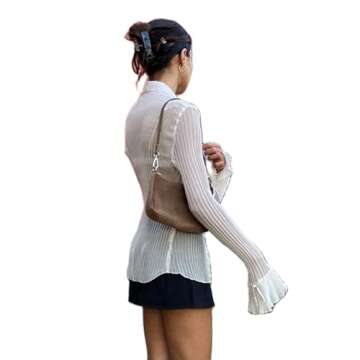 Women's Y2K Button Down Shirt Blouses Solid Flare Sleeve Crop Top Vintage E-Girl Streetwear(AC-White,L)