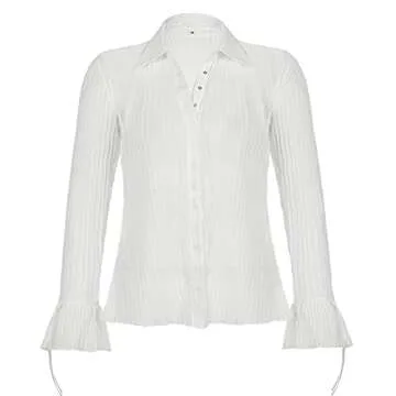 Women's Y2K Button Down Shirt Blouses Solid Flare Sleeve Crop Top Vintage E-Girl Streetwear(AC-White,L)