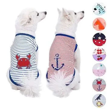 Blueberry Pet Soft & Comfy Summer Vacation Beach Cotton Dog T-Shirts, 2 Pack, Sunshine Sea Lover Striped Shirts Tank Top Clothes, Back Length 12", for Small Medium Dogs