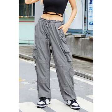 QYANGG Baggy Parachute Pants for Women& Girls Drawstring Elastic Low Waist Ruched Cargo Pants Multiple Pockets Jogger Y2K Grey