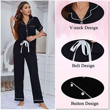 Fmnnfp Women's Pajamas Set Short Sleeve Sleepwear for Women Button Down Nightwear Soft Cozy Pj Lounge Sets with Pockets, Black