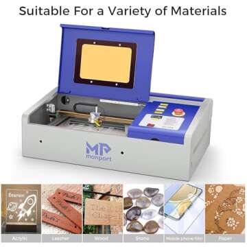 Monport 40W 2.0 Laser Engraver (8" X 12"), Lightburn Compatible CO2 Laser Engraver & Cutter with Adjustable Laser Head, Air Assist, Red Dot Guidance, 3 LED Monitor Display and Water Cooling System