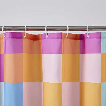 RoomTalks Multicolored Checkered Retro Fabric Shower Curtain for Bathroom Extra Long 84 Inches Length, Bright Rainbow Colorful Modern Simple Groovy Aesthetic Shower Curtain Set with Hooks