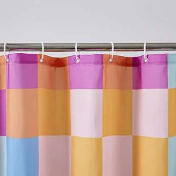 RoomTalks Multicolored Checkered Retro Fabric Shower Curtain for Bathroom Extra Long 84 Inches Length, Bright Rainbow Colorful Modern Simple Groovy Aesthetic Shower Curtain Set with Hooks
