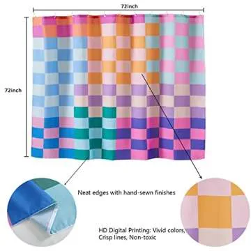 RoomTalks Multicolored Checkered Retro Fabric Shower Curtain for Bathroom Extra Long 84 Inches Length, Bright Rainbow Colorful Modern Simple Groovy Aesthetic Shower Curtain Set with Hooks