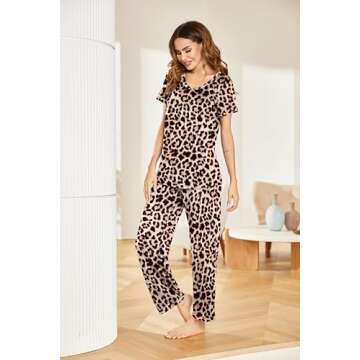 Ekouaer Pajama Set for Women 2 Piece Sleepwear Short Sleeve Pleated Top and Long Pants Soft Pjs Loun...