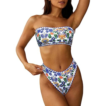 ZAFUL Women Strapless Textured Bandeau Bikini 2 Piece Swimwear Cheeky Solid Lace up Bathing Suits(7-...