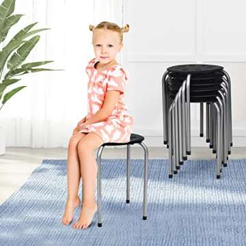 COSTWAY 6-Pack Plastic Stack Stools, 17.5-Inch Portable Stackable Stools with Metal Frame, Backless School Classroom Decoration Stools with Round Top Ideal for Kids Children Students, Black+Grey