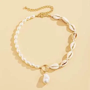 Azusa Sun Seashell Necklace Starfish Necklace Bohemian Beach Imitation Pearl Necklaces for Women Summer Layered Sequins Starfish Shell Beaded Choker Necklace Party Holiday Jewelry - A