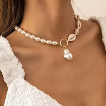 Azusa Sun Seashell Necklace Starfish Necklace Bohemian Beach Imitation Pearl Necklaces for Women Summer Layered Sequins Starfish Shell Beaded Choker Necklace Party Holiday Jewelry - A