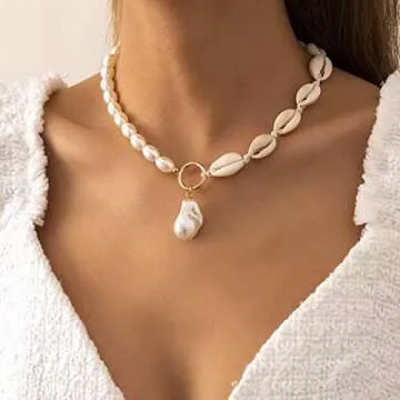 Azusa Sun Seashell Necklace Starfish Necklace Bohemian Beach Imitation Pearl Necklaces for Women Summer Layered Sequins Starfish Shell Beaded Choker Necklace Party Holiday Jewelry - A