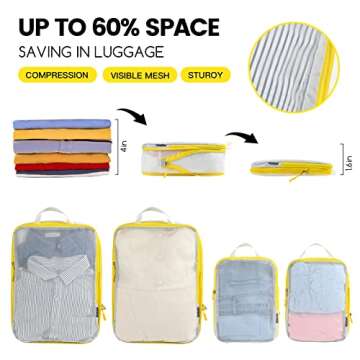 PFEYRPK Premium Compression Packing Cubes with See Through Mesh for Suitcases, Expandable Travel Packing Organizers with Shoe Bag, Backpack Bag and Cable Bag 7 Set.