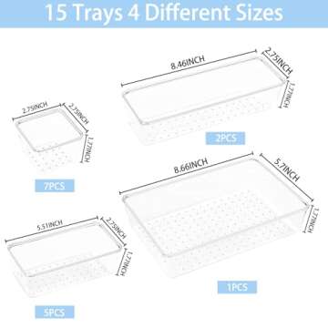 Manalete Drawer Organizers Set of 15, 4 Sizes Clear Plastic Drawer Organizers and Storage Bins for K...