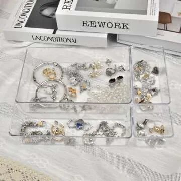 Manalete Drawer Organizers Set of 15, 4 Sizes Clear Plastic Drawer Organizers and Storage Bins for Kitchen, Bathroom, Office, Dresser Desk Drawer Organizer Tray for Jewelry, Makeup, Junk, Gadgets