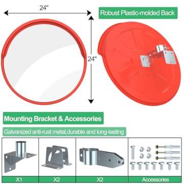 24" Security Mirror PC Convex Traffic Mirror Wide Angle Curved Safety Mirror Circular Pole Mount w/A...
