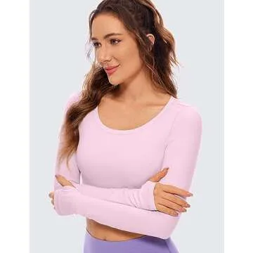 CRZ YOGA Butterluxe Long Sleeve Crop Tops for Women Slim Fit Workout Shirts Cropped Athletic Gym T-Shirts Pink Peony Small