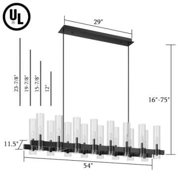 AEULYTIR 54 Inch Black Chandelier Linear with Clear Glass Shade, 16-Lights Modern Farmhouse Ceiling Pendant Hanging Light Fixture Over Table, for Dining Room, Kitchen Island