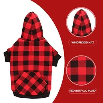 Dog Hoodie Dog Sweater Red Buffalo Plaid Dog Clothes Warm and Soft Breathable Cozy Small Dog Hoodies Dog Sweaters for Small Dogs with Pocket(XS)