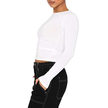 Women Slim Fit Crop Top Long Sleeve Crew Neck Basic T-Shirts with Thumb Holes Sexy Tops Pullover Shirts for Workout (White4, S)