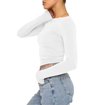 Women Slim Fit Crop Top Long Sleeve Crew Neck Basic T-Shirts with Thumb Holes Sexy Tops Pullover Shirts for Workout (White4, S)