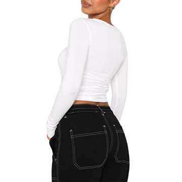 Women Slim Fit Crop Top Long Sleeve Crew Neck Basic T-Shirts with Thumb Holes Sexy Tops Pullover Shirts for Workout (White4, S)