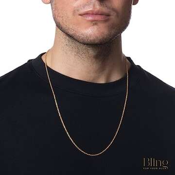 18K Gold over Sterling Silver 1.6mm Italian Rope Chain Necklace for Women and Men, Diamond Cut Shimmering Womens and Mens Chain, Layering Chain - 14"