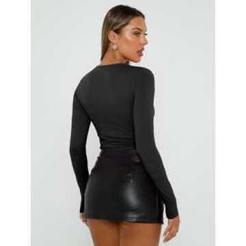 Trendy Queen Womens Long Sleeve Shirts Basic Crop Tops Tight Slim Fit Cute Teen Girls Fall Winter Y2k Clothes Black L