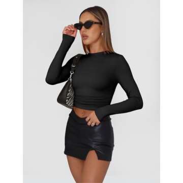 Trendy Queen Womens Long Sleeve Shirts Basic Crop Tops Tight Slim Fit Cute Teen Girls Fall Winter Y2k Clothes Black L