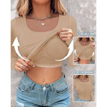Chic Me Women's 2024 Fall Long Sleeve T Shirts with Built-in Shelf Bra Ribbed Knit Slim Fit Casual T...