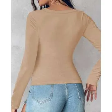 Chic Me Women's 2024 Fall Long Sleeve T Shirts with Built-in Shelf Bra Ribbed Knit Slim Fit Casual Tops Khaki-L