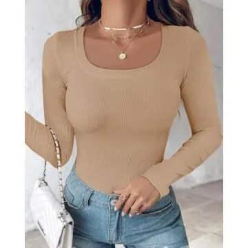 Chic Me Women's 2024 Fall Long Sleeve T Shirts with Built-in Shelf Bra Ribbed Knit Slim Fit Casual Tops Khaki-L