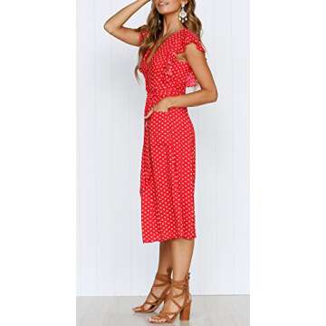 MITILLY Women's Boho Polka Dot Flutter Short Sleeve V Neck Button Down Swing Midi Dress with Pockets