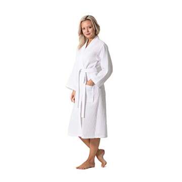 Turkish Linen Waffle Knit Lightweight Kimono Spa & Bath Robes for Women - Quick Dry - Soft (White, M...