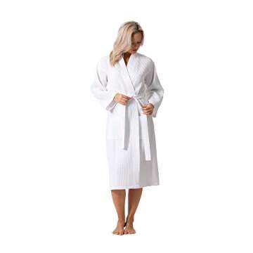 Turkish Linen Waffle Knit Lightweight Kimono Spa & Bath Robes for Women - Quick Dry - Soft (White, Medium)